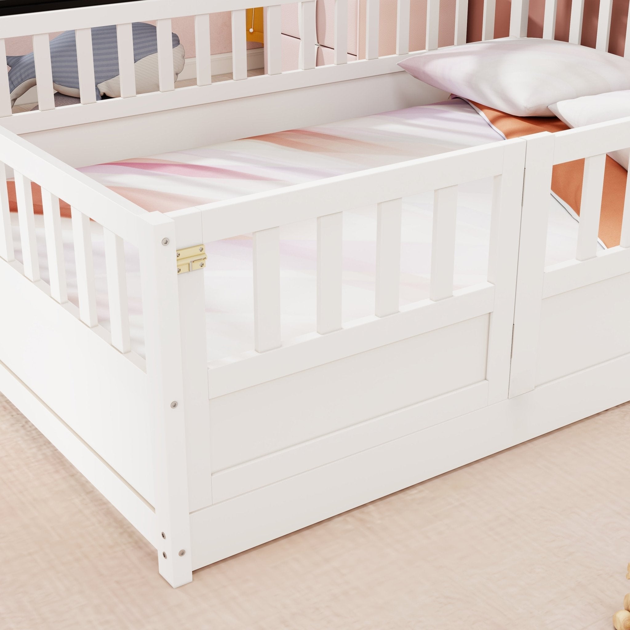 Bellemave® Twin Size Floor Bed with High Fence & Door, Montessori Floor Beds Frame Without Slats, White - Bellemave