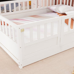 Bellemave® Twin Size Floor Bed with High Fence & Door, Montessori Floor Beds Frame Without Slats, White - Bellemave