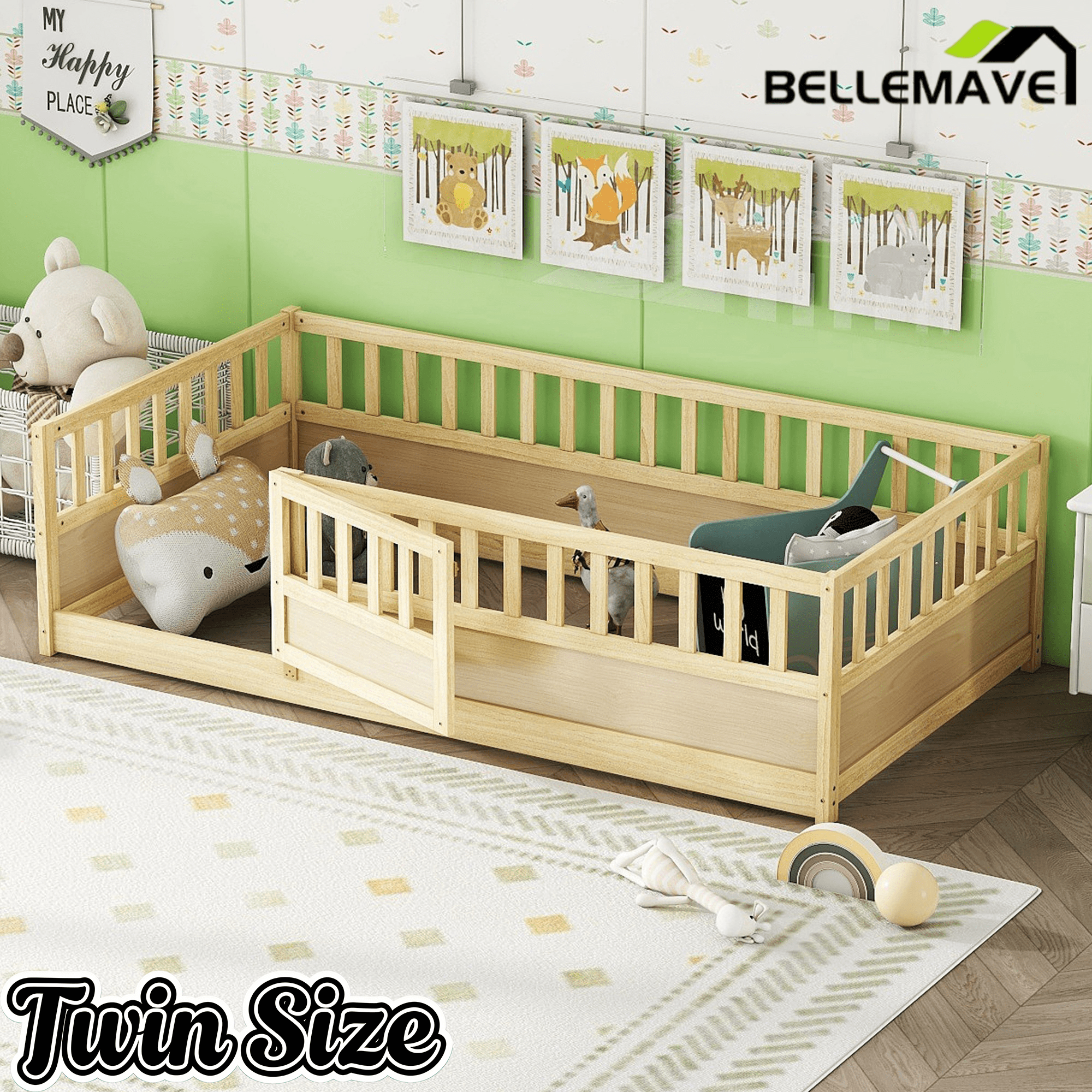 Bellemave® Twin Size Floor Bed with High Fence & Door, Montessori Floor Beds Frame Without Slats, White - Bellemave