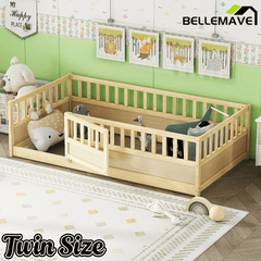 Bellemave® Twin Size Floor Bed with High Fence & Door, Montessori Floor Beds Frame Without Slats, White - Bellemave
