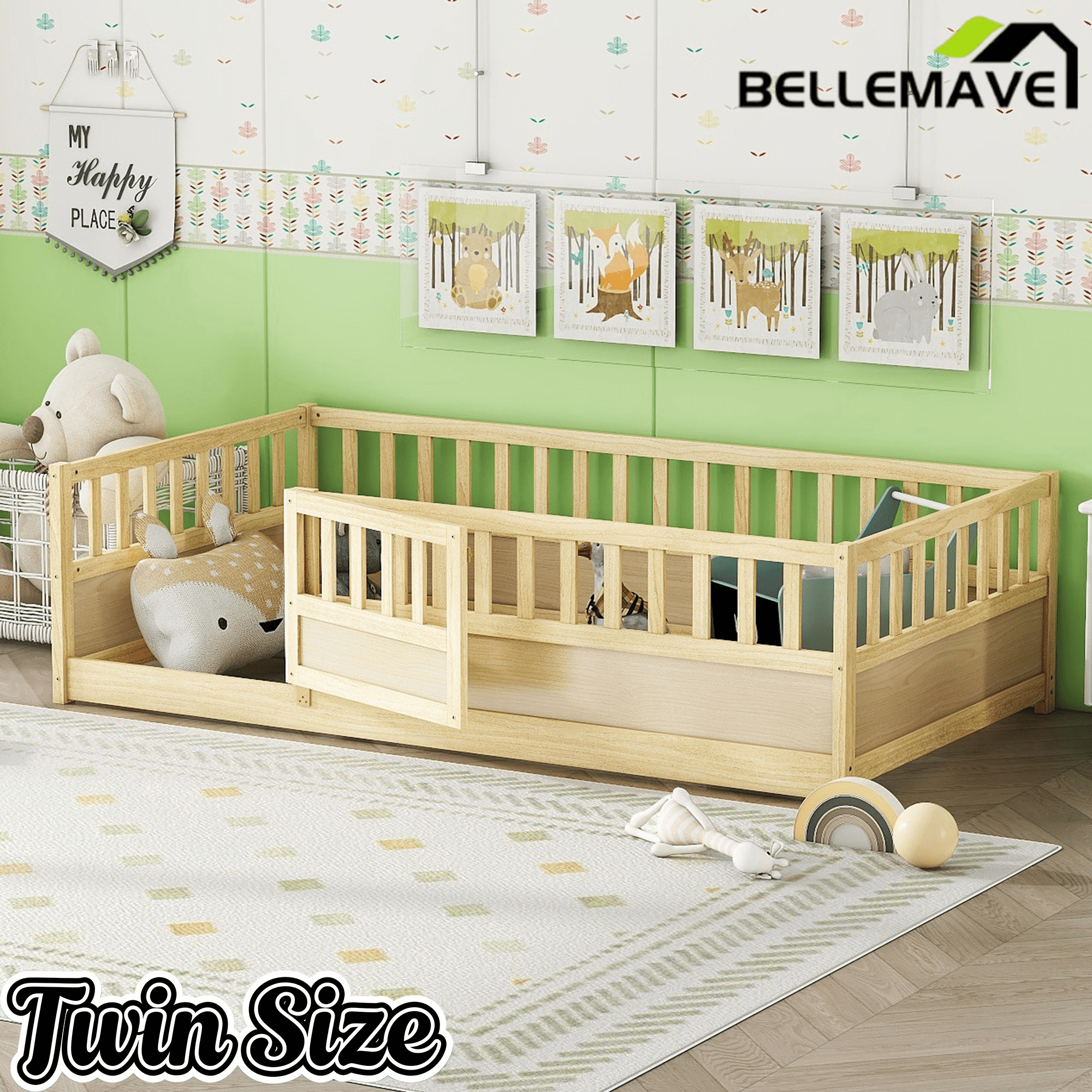 Bellemave® Twin Size Floor Bed with High Fence & Door, Montessori Floor Beds Frame Without Slats, White - Bellemave