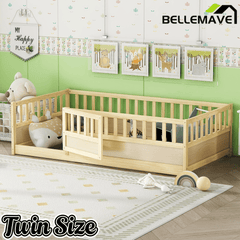 Bellemave® Twin Size Floor Bed with High Fence & Door, Montessori Floor Beds Frame Without Slats, White - Bellemave