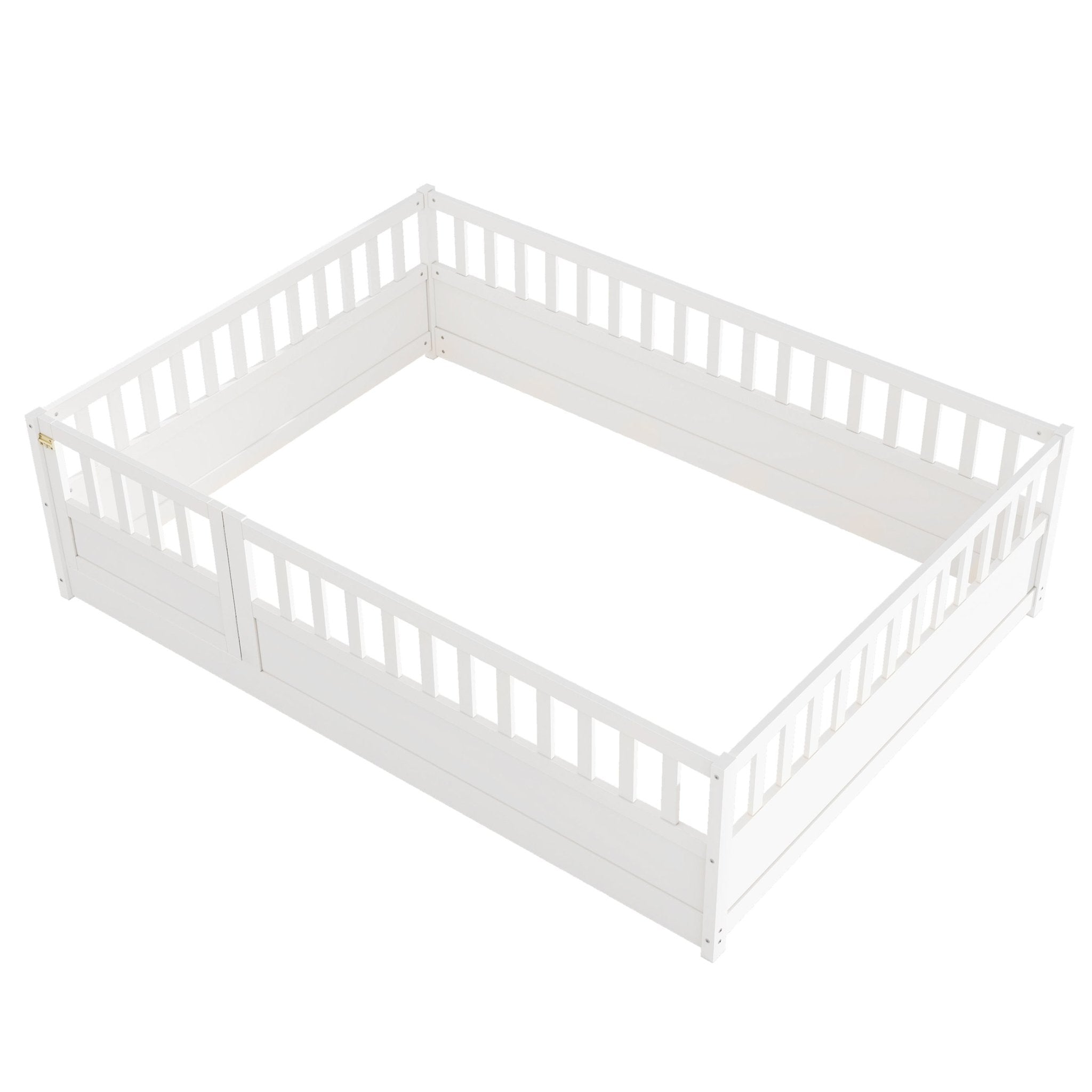 Bellemave® Twin Size Floor Bed with High Fence & Door, Montessori Floor Beds Frame Without Slats, White - Bellemave