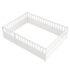 Bellemave® Twin Size Floor Bed with High Fence & Door, Montessori Floor Beds Frame Without Slats, White - Bellemave