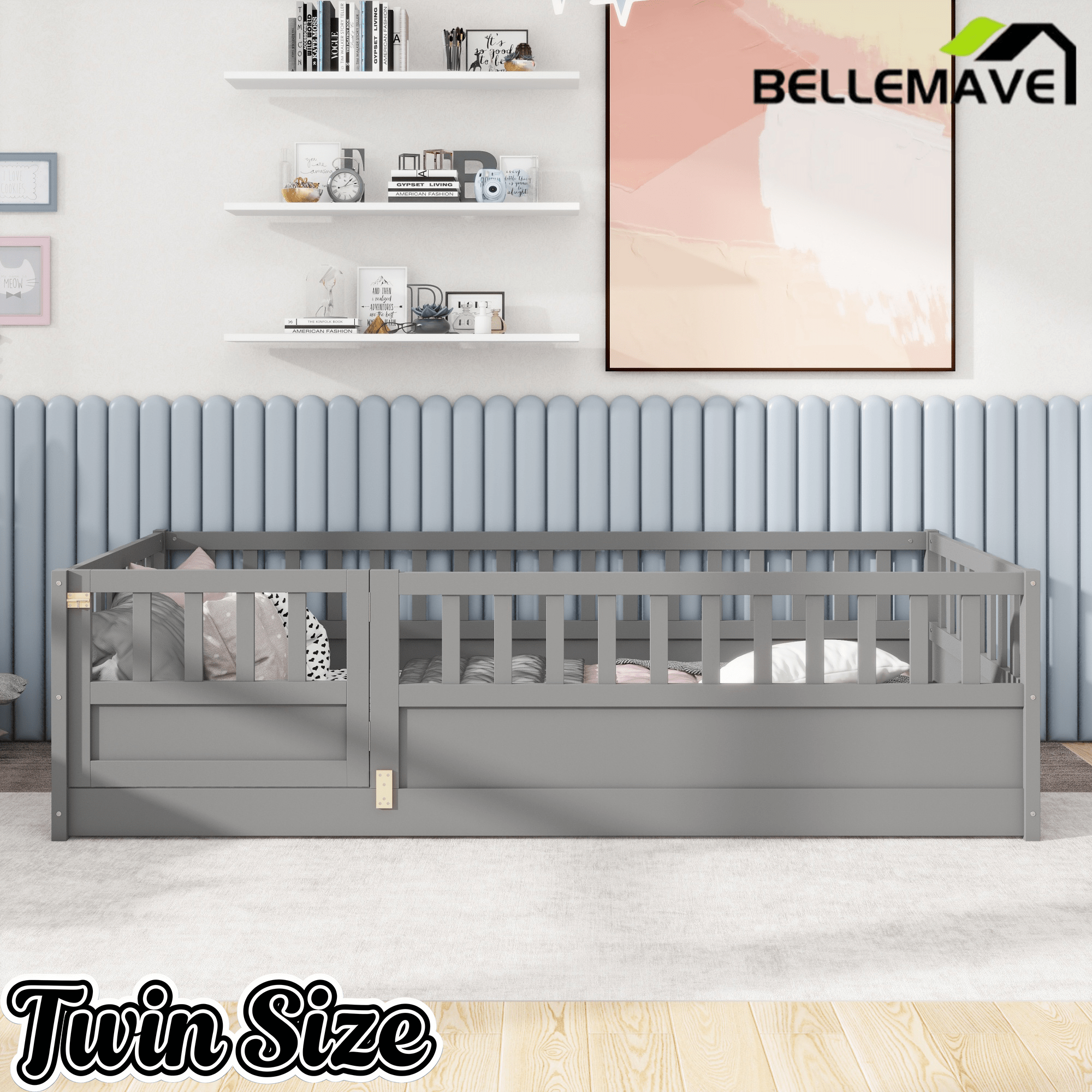Bellemave® Twin Size Floor Bed with High Fence & Door, Montessori Floor Beds Frame Without Slats, White - Bellemave