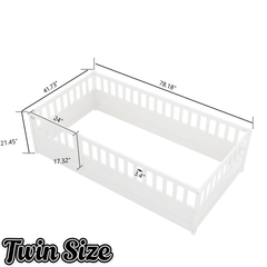 Bellemave® Twin Size Floor Bed with High Fence & Door, Montessori Floor Beds Frame Without Slats, White - Bellemave
