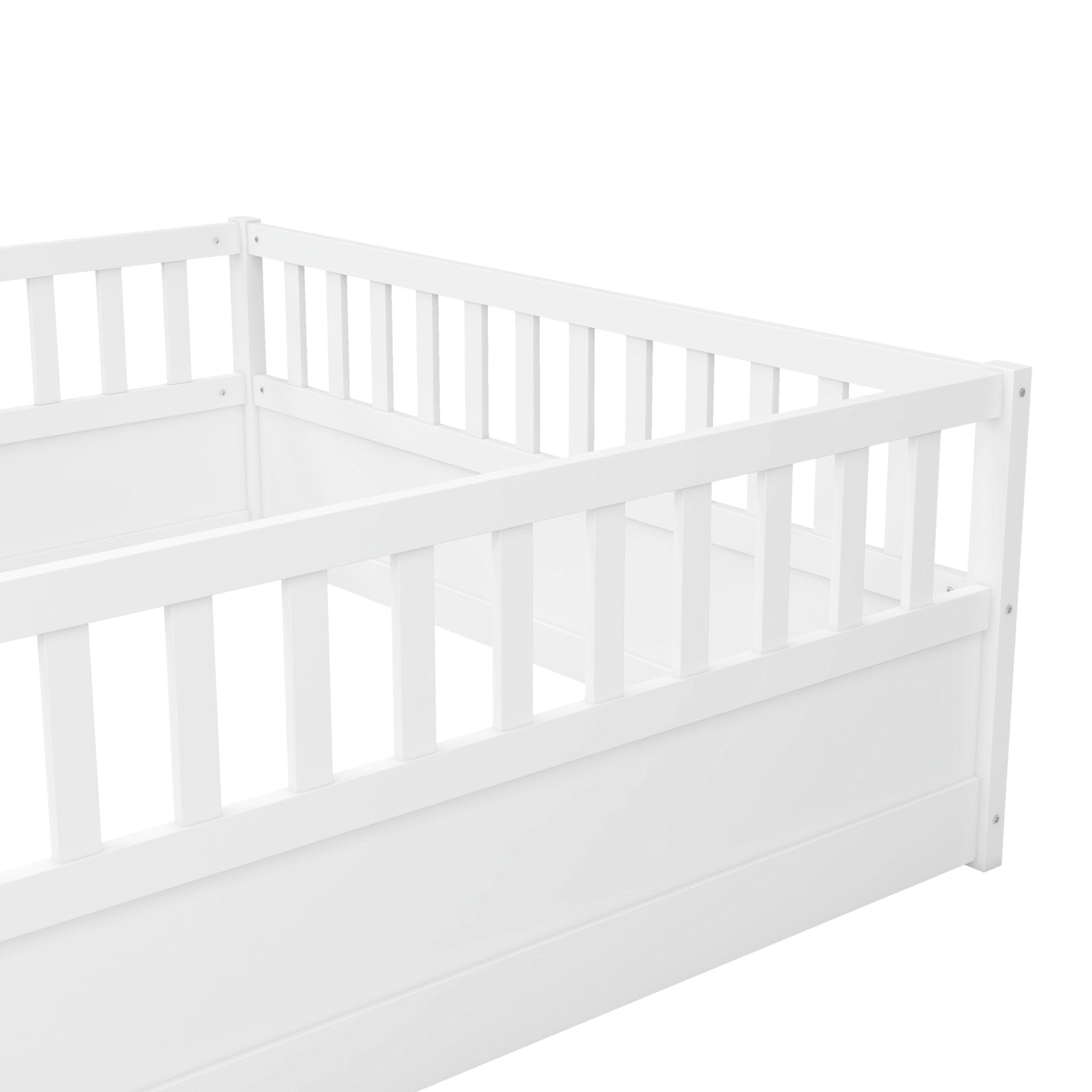 Bellemave® Twin Size Floor Bed with High Fence & Door, Montessori Floor Beds Frame Without Slats, White - Bellemave