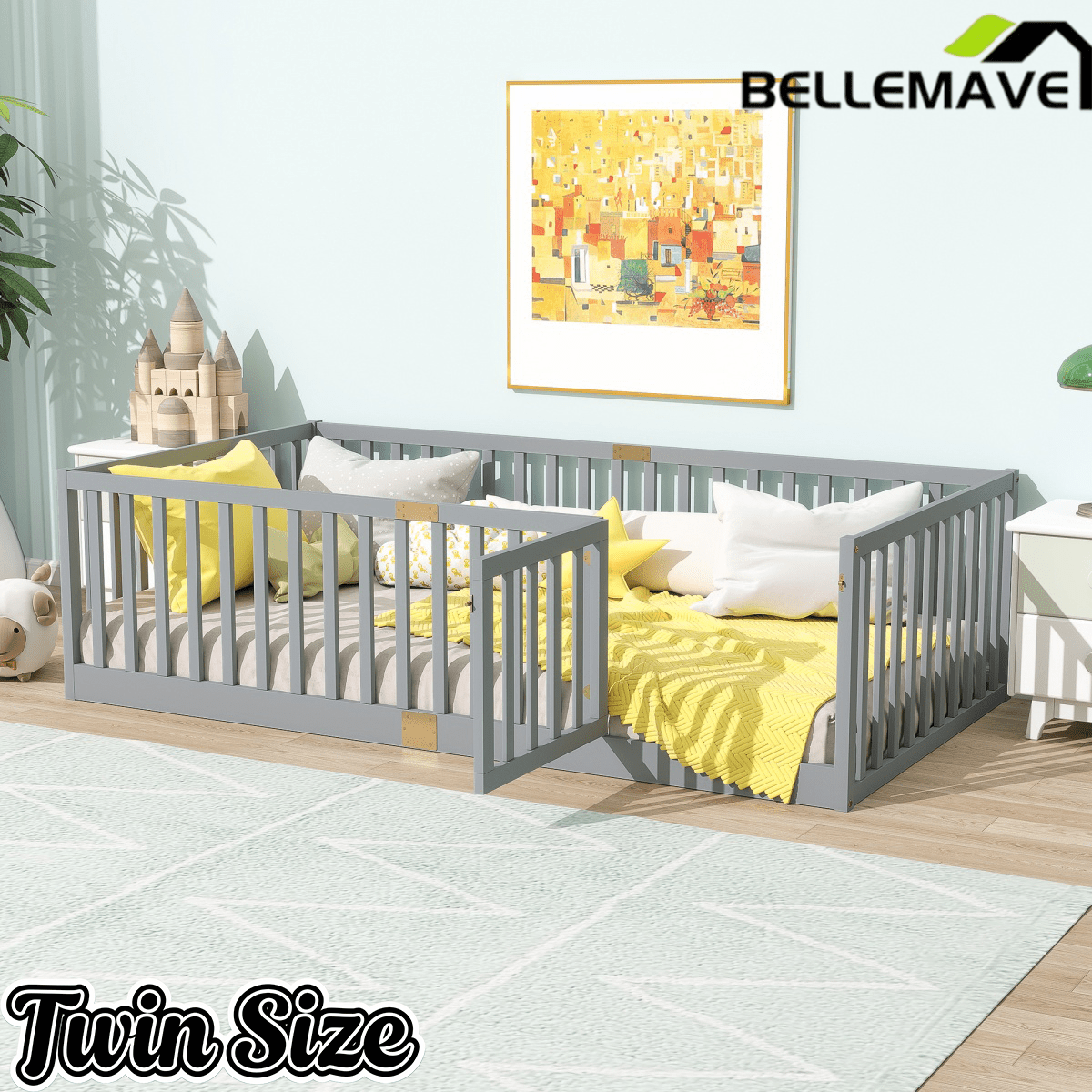 Bellemave® Twin Size Floor Bed with High Fence Railings,Kids Montessori Floor Bed with Safety Guardrails, Rubber Wood Floor Bed,Grey - Bellemave