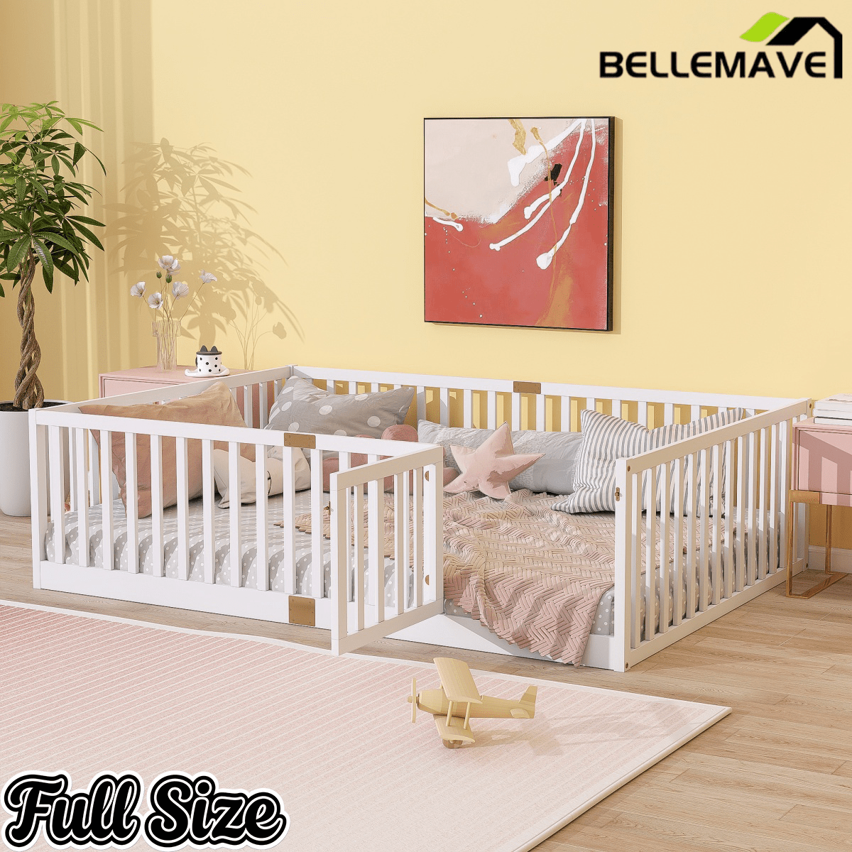 Bellemave® Twin Size Floor Bed with High Fence Railings,Kids Montessori Floor Bed with Safety Guardrails, Rubber Wood Floor Bed,Grey - Bellemave