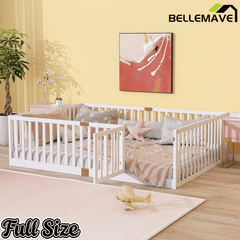 Bellemave® Twin Size Floor Bed with High Fence Railings,Kids Montessori Floor Bed with Safety Guardrails, Rubber Wood Floor Bed,Grey - Bellemave