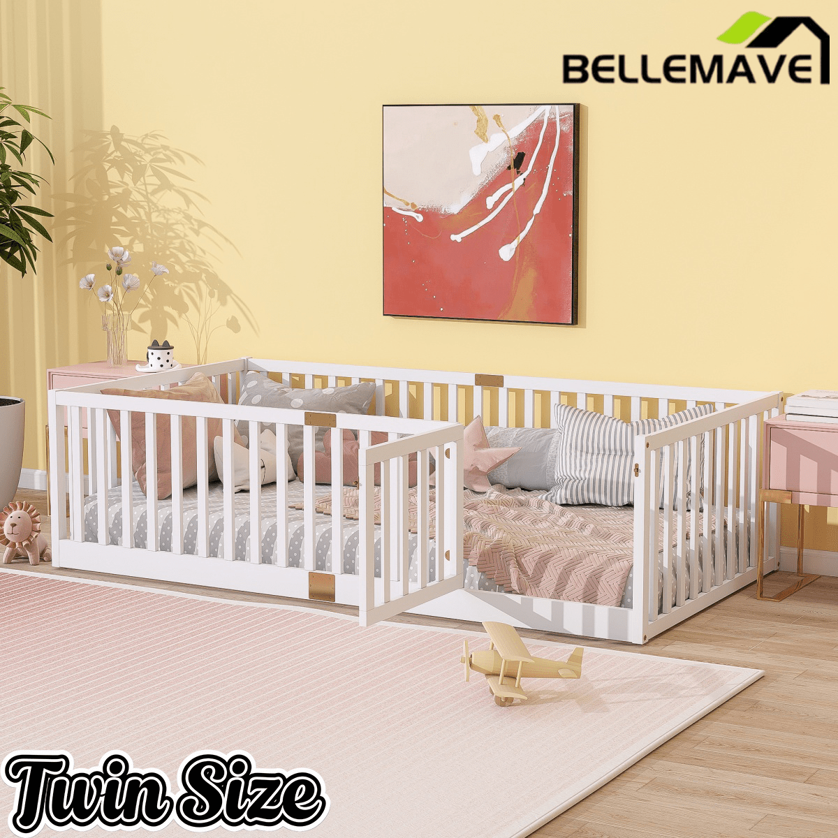 Bellemave® Twin Size Floor Bed with High Fence Railings,Kids Montessori Floor Bed with Safety Guardrails, Rubber Wood Floor Bed,Grey - Bellemave
