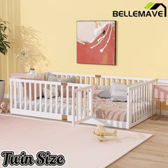 Bellemave® Twin Size Floor Bed with High Fence Railings,Kids Montessori Floor Bed with Safety Guardrails, Rubber Wood Floor Bed,Grey - Bellemave