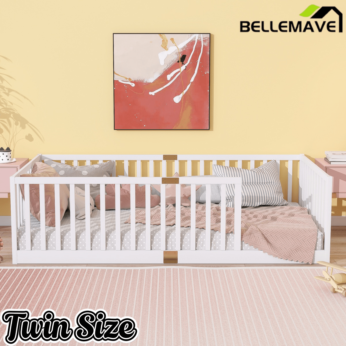 Bellemave® Twin Size Floor Bed with High Fence Railings,Kids Montessori Floor Bed with Safety Guardrails, Rubber Wood Floor Bed,Grey - Bellemave