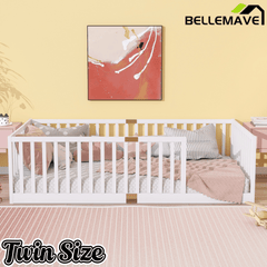 Bellemave® Twin Size Floor Bed with High Fence Railings,Kids Montessori Floor Bed with Safety Guardrails, Rubber Wood Floor Bed,Grey - Bellemave