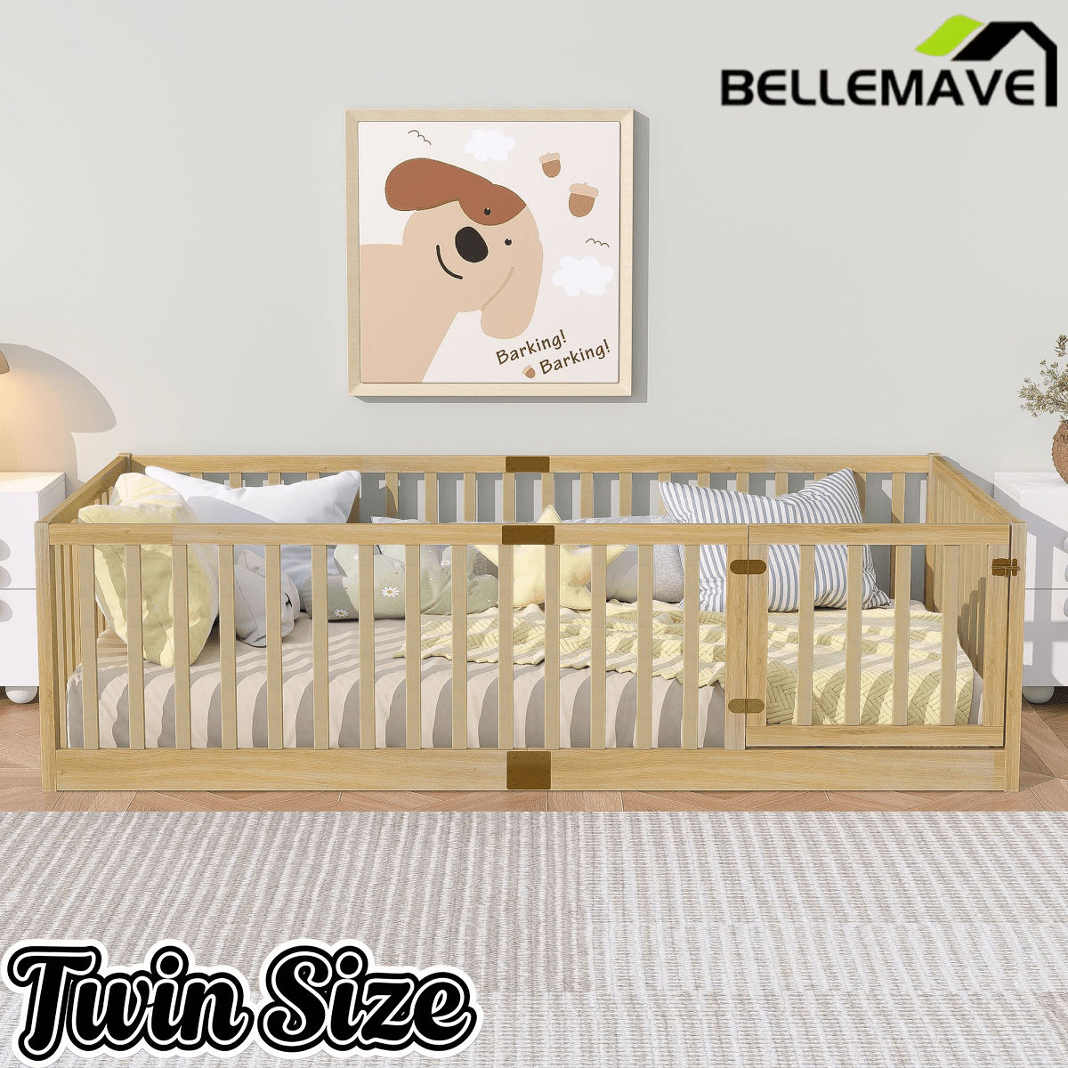 Bellemave® Twin Size Floor Bed with High Fence Railings,Kids Montessori Floor Bed with Safety Guardrails, Rubber Wood Floor Bed,Grey - Bellemave