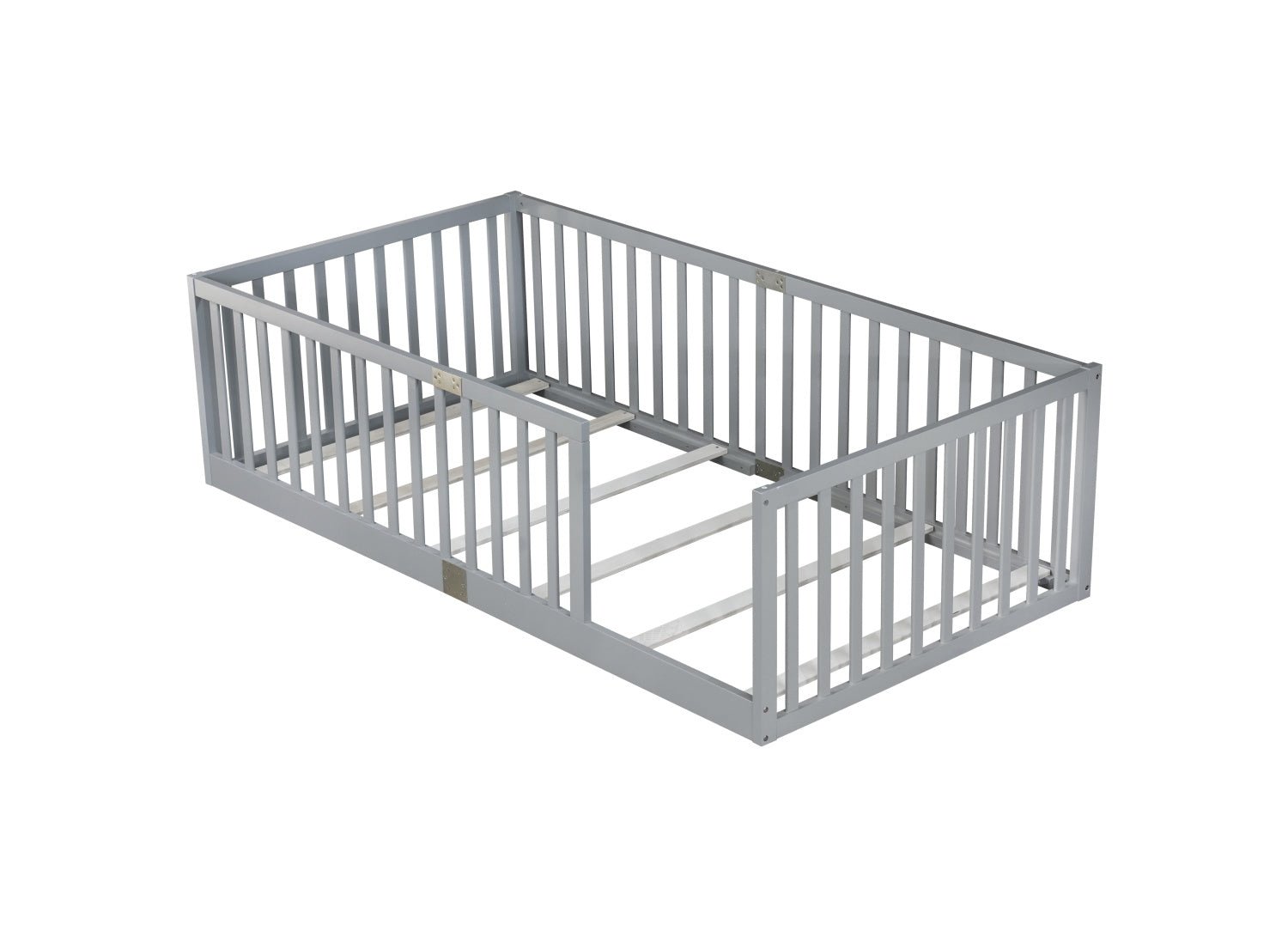 Bellemave® Twin Size Floor Bed with High Fence Railings,Kids Montessori Floor Bed with Safety Guardrails, Rubber Wood Floor Bed,Grey - Bellemave
