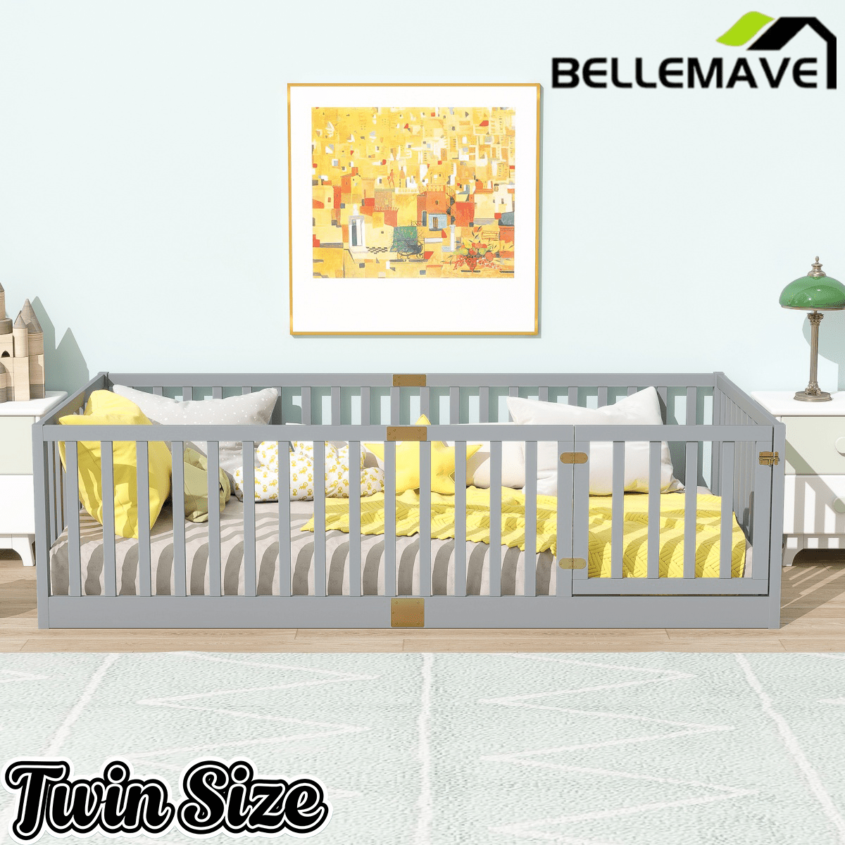 Bellemave® Twin Size Floor Bed with High Fence Railings,Kids Montessori Floor Bed with Safety Guardrails, Rubber Wood Floor Bed,Grey - Bellemave