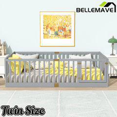 Bellemave® Twin Size Floor Bed with High Fence Railings,Kids Montessori Floor Bed with Safety Guardrails, Rubber Wood Floor Bed,Grey - Bellemave