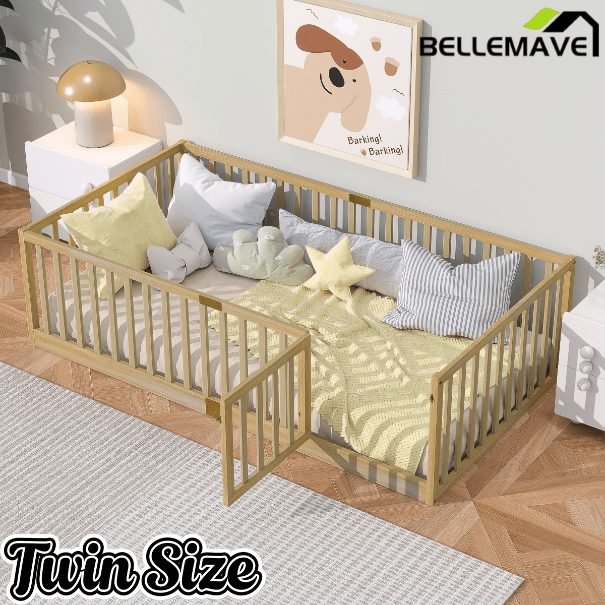 Bellemave® Twin Size Floor Bed with High Fence Railings,Kids Montessori Floor Bed with Safety Guardrails, Rubber Wood Floor Bed,Grey - Bellemave