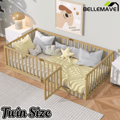 Bellemave® Twin Size Floor Bed with High Fence Railings,Kids Montessori Floor Bed with Safety Guardrails, Rubber Wood Floor Bed,Grey - Bellemave
