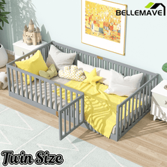 Bellemave® Twin Size Floor Bed with High Fence Railings,Kids Montessori Floor Bed with Safety Guardrails, Rubber Wood Floor Bed,Grey - Bellemave