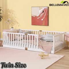 Bellemave® Twin Size Floor Bed with High Fence Railings,Kids Montessori Floor Bed with Safety Guardrails, Rubber Wood Floor Bed,Grey - Bellemave