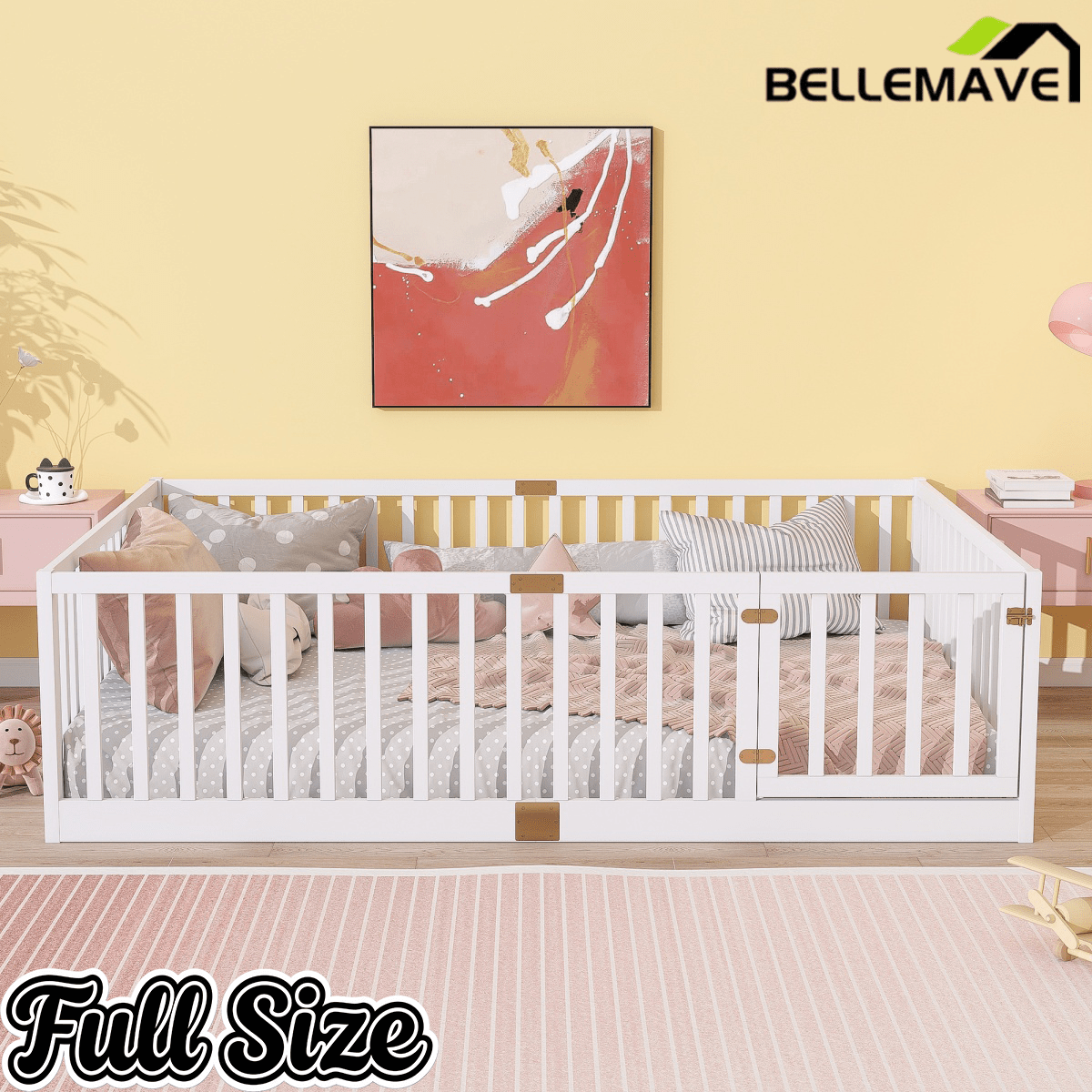 Bellemave® Twin Size Floor Bed with High Fence Railings,Kids Montessori Floor Bed with Safety Guardrails, Rubber Wood Floor Bed,Grey - Bellemave