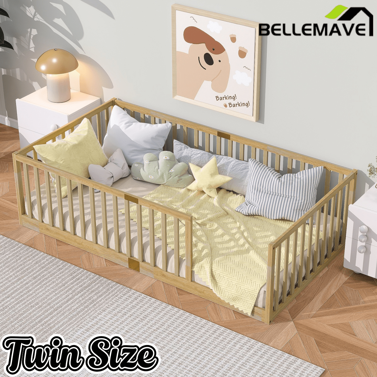 Bellemave® Twin Size Floor Bed with High Fence Railings,Kids Montessori Floor Bed with Safety Guardrails, Rubber Wood Floor Bed,Grey - Bellemave