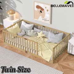 Bellemave® Twin Size Floor Bed with High Fence Railings,Kids Montessori Floor Bed with Safety Guardrails, Rubber Wood Floor Bed,Grey - Bellemave