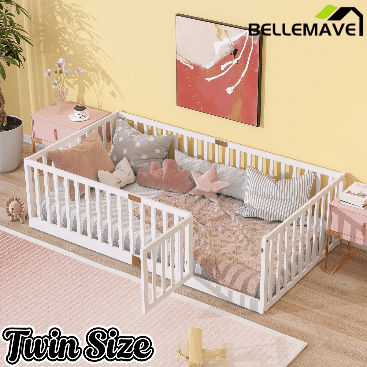 Bellemave® Twin Size Floor Bed with High Fence Railings,Kids Montessori Floor Bed with Safety Guardrails, Rubber Wood Floor Bed,Grey - Bellemave