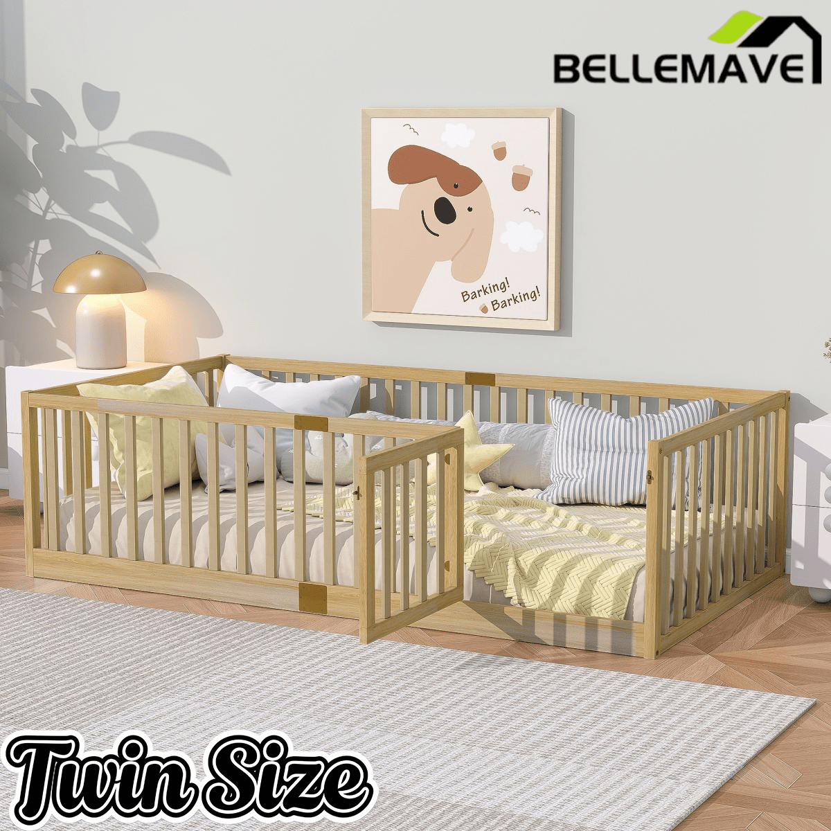 Bellemave® Twin Size Floor Bed with High Fence Railings,Kids Montessori Floor Bed with Safety Guardrails, Rubber Wood Floor Bed,Grey - Bellemave
