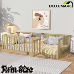 Bellemave® Twin Size Floor Bed with High Fence Railings,Kids Montessori Floor Bed with Safety Guardrails, Rubber Wood Floor Bed,Grey - Bellemave