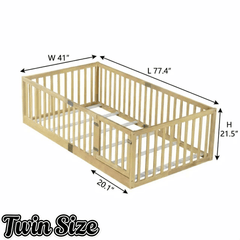 Bellemave® Twin Size Floor Bed with High Fence Railings,Kids Montessori Floor Bed with Safety Guardrails, Rubber Wood Floor Bed,Grey - Bellemave