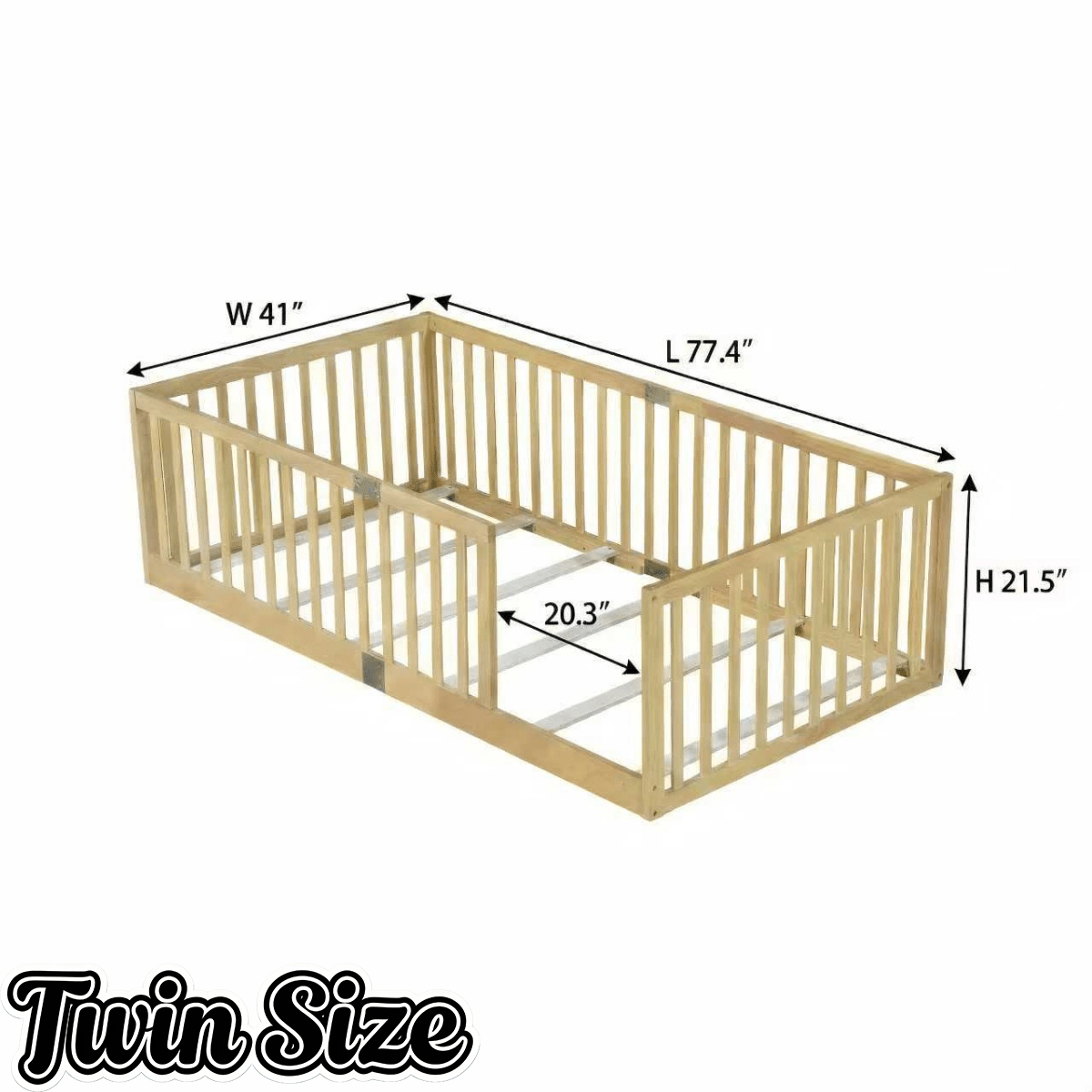 Bellemave® Twin Size Floor Bed with High Fence Railings,Kids Montessori Floor Bed with Safety Guardrails, Rubber Wood Floor Bed,Grey - Bellemave