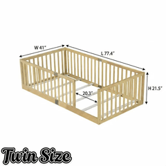 Bellemave® Twin Size Floor Bed with High Fence Railings,Kids Montessori Floor Bed with Safety Guardrails, Rubber Wood Floor Bed,Grey - Bellemave
