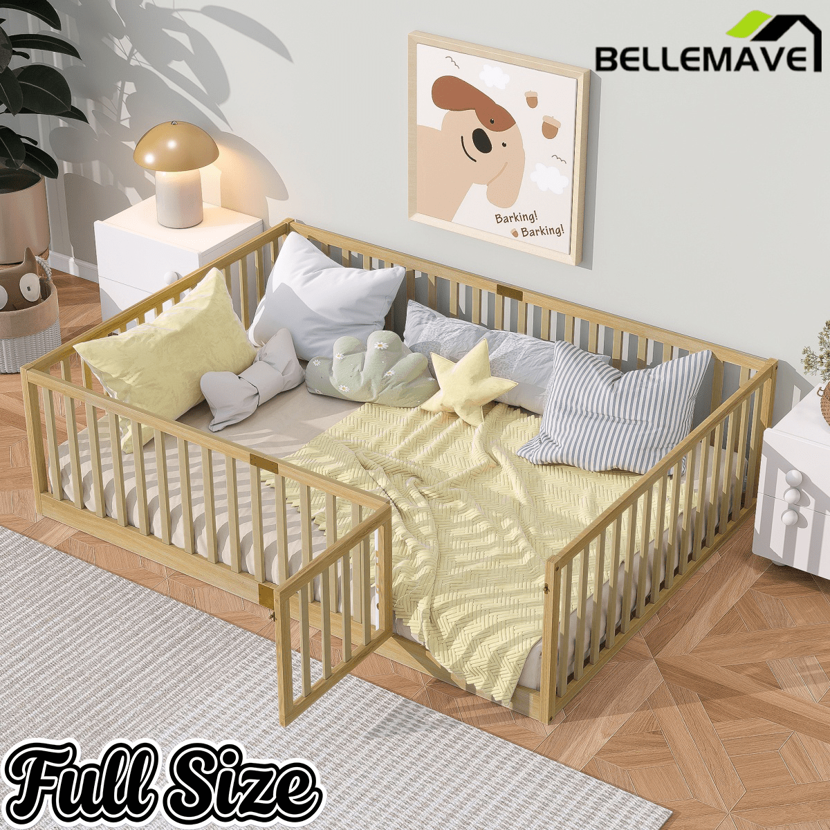 Bellemave® Twin Size Floor Bed with High Fence Railings,Kids Montessori Floor Bed with Safety Guardrails, Rubber Wood Floor Bed,Grey - Bellemave