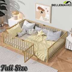 Bellemave® Twin Size Floor Bed with High Fence Railings,Kids Montessori Floor Bed with Safety Guardrails, Rubber Wood Floor Bed,Grey - Bellemave