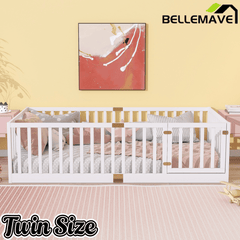 Bellemave® Twin Size Floor Bed with High Fence Railings,Kids Montessori Floor Bed with Safety Guardrails, Rubber Wood Floor Bed,Grey - Bellemave