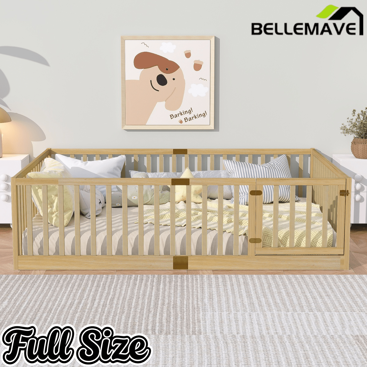 Bellemave® Twin Size Floor Bed with High Fence Railings,Kids Montessori Floor Bed with Safety Guardrails, Rubber Wood Floor Bed,Grey - Bellemave