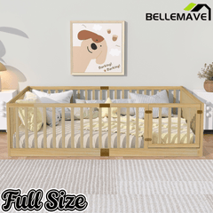 Bellemave® Twin Size Floor Bed with High Fence Railings,Kids Montessori Floor Bed with Safety Guardrails, Rubber Wood Floor Bed,Grey - Bellemave