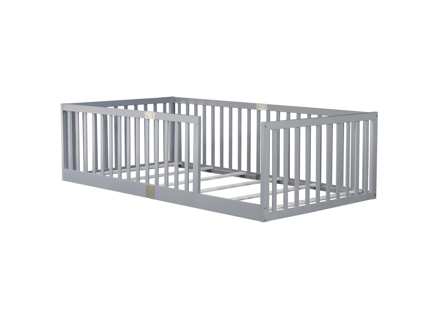 Bellemave® Twin Size Floor Bed with High Fence Railings,Kids Montessori Floor Bed with Safety Guardrails, Rubber Wood Floor Bed,Grey - Bellemave