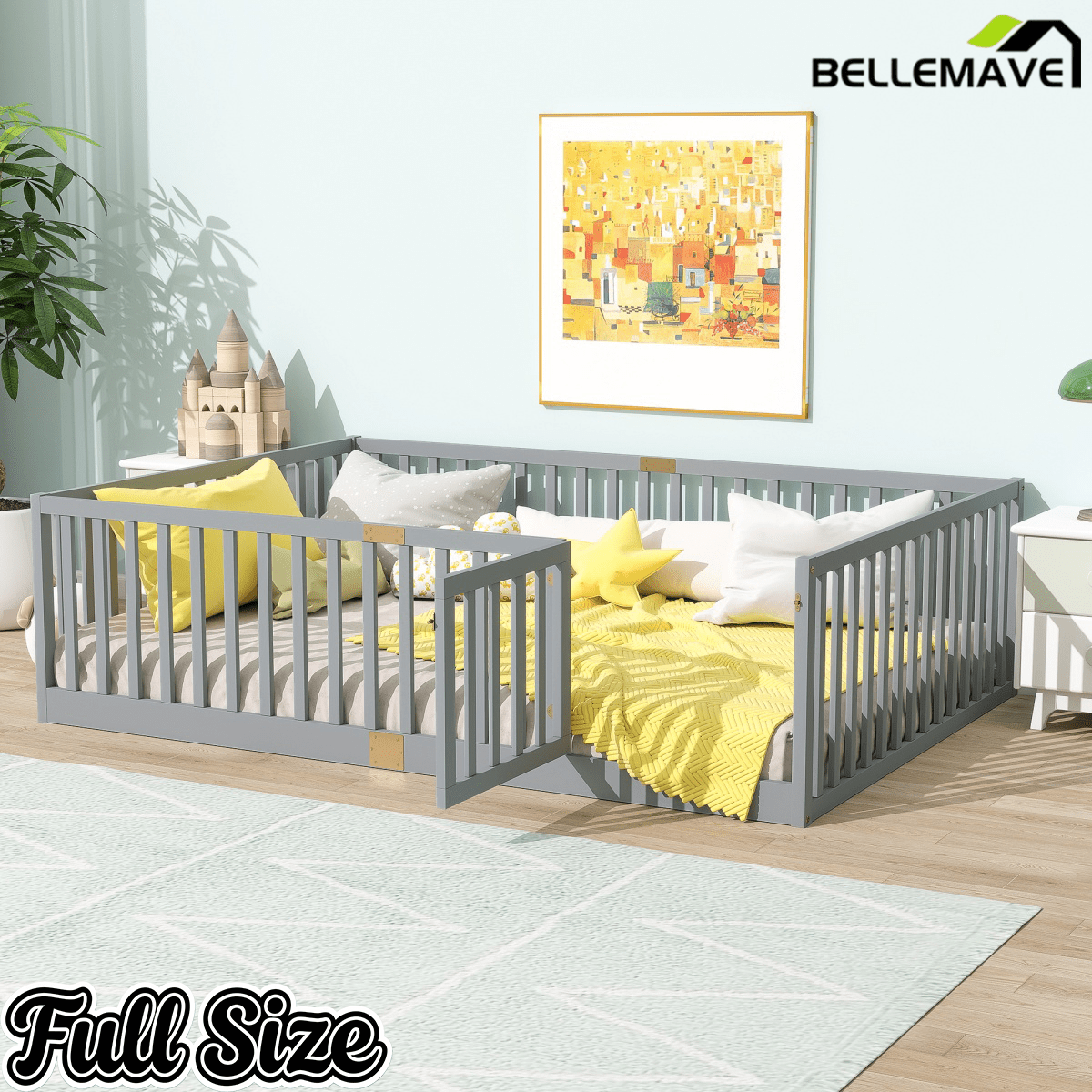 Bellemave® Twin Size Floor Bed with High Fence Railings,Kids Montessori Floor Bed with Safety Guardrails, Rubber Wood Floor Bed,Grey - Bellemave