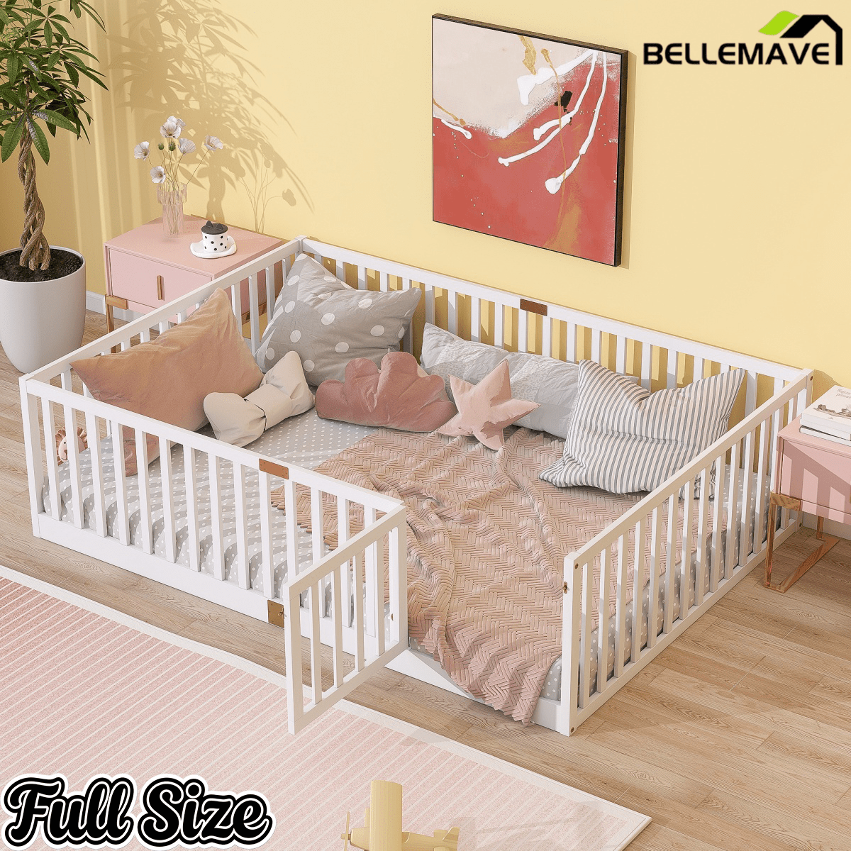 Bellemave® Twin Size Floor Bed with High Fence Railings,Kids Montessori Floor Bed with Safety Guardrails, Rubber Wood Floor Bed,Grey - Bellemave
