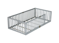 Bellemave® Twin Size Floor Bed with High Fence Railings,Kids Montessori Floor Bed with Safety Guardrails, Rubber Wood Floor Bed,Grey - Bellemave