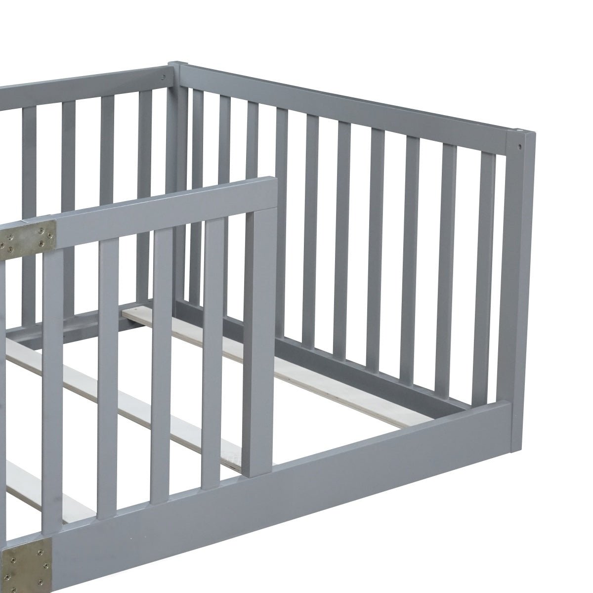 Bellemave® Twin Size Floor Bed with High Fence Railings,Kids Montessori Floor Bed with Safety Guardrails, Rubber Wood Floor Bed,Grey - Bellemave