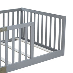 Bellemave® Twin Size Floor Bed with High Fence Railings,Kids Montessori Floor Bed with Safety Guardrails, Rubber Wood Floor Bed,Grey - Bellemave