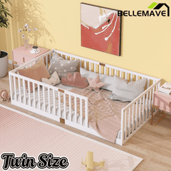 Bellemave® Twin Size Floor Bed with High Fence Railings,Kids Montessori Floor Bed with Safety Guardrails, Rubber Wood Floor Bed,Grey - Bellemave