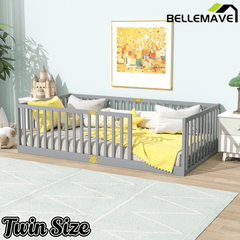 Bellemave® Twin Size Floor Bed with High Fence Railings,Kids Montessori Floor Bed with Safety Guardrails, Rubber Wood Floor Bed,Grey - Bellemave