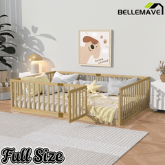 Bellemave® Twin Size Floor Bed with High Fence Railings,Kids Montessori Floor Bed with Safety Guardrails, Rubber Wood Floor Bed,Grey - Bellemave