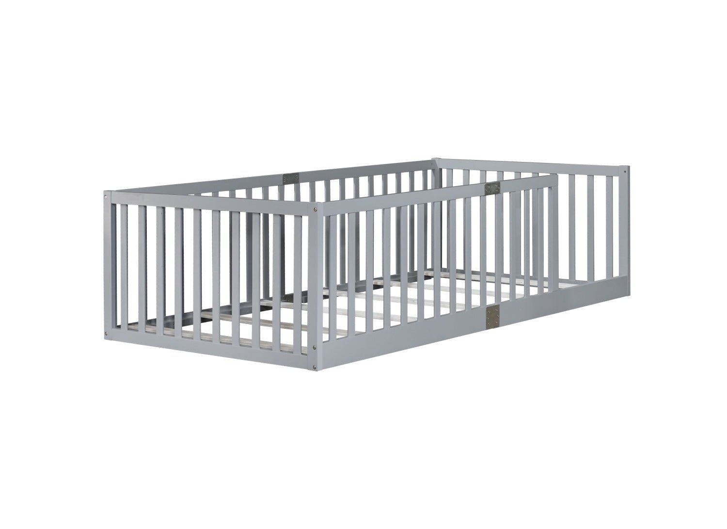 Bellemave® Twin Size Floor Bed with High Fence Railings,Kids Montessori Floor Bed with Safety Guardrails, Rubber Wood Floor Bed,Grey - Bellemave